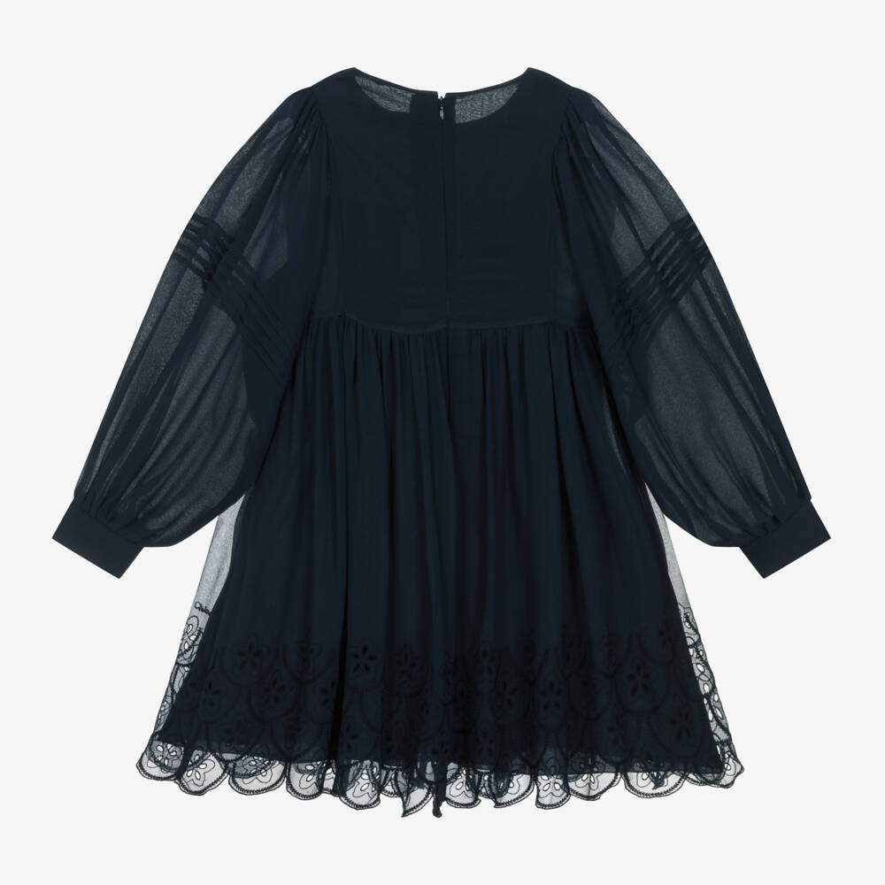 Chloé-Girls Navy Silk Embroidered Dress | Childrensalon Outlet