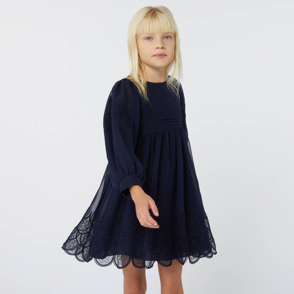 Chloé-Girls Navy Silk Embroidered Dress | Childrensalon Outlet