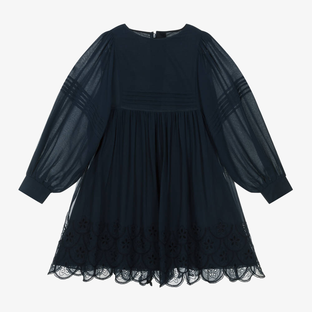 Chloé-Girls Navy Silk Embroidered Dress | Childrensalon Outlet