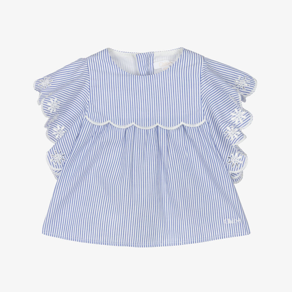 Chloé-Girls Navy Striped Ruffle Top | Childrensalon Outlet