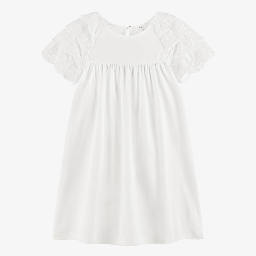 Chloé-Girls Off-White Cotton Jersey Dress with Ruffle Sleeves | Childrensalon Outlet