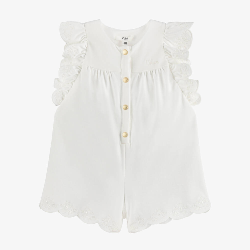 Chloé-Girls Off-White Cotton Ruffle Sleeve Playsuit | Childrensalon Outlet