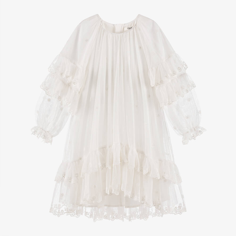 Chloé-فستان تول عاجي مزين بالكشاكش للبنات | Childrensalon Outlet