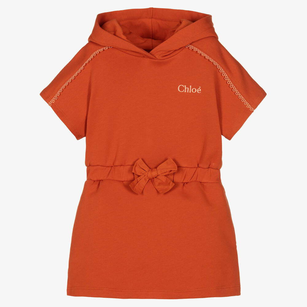 Chloé - Girls Orange Cotton Logo Hoodie Dress | Childrensalon