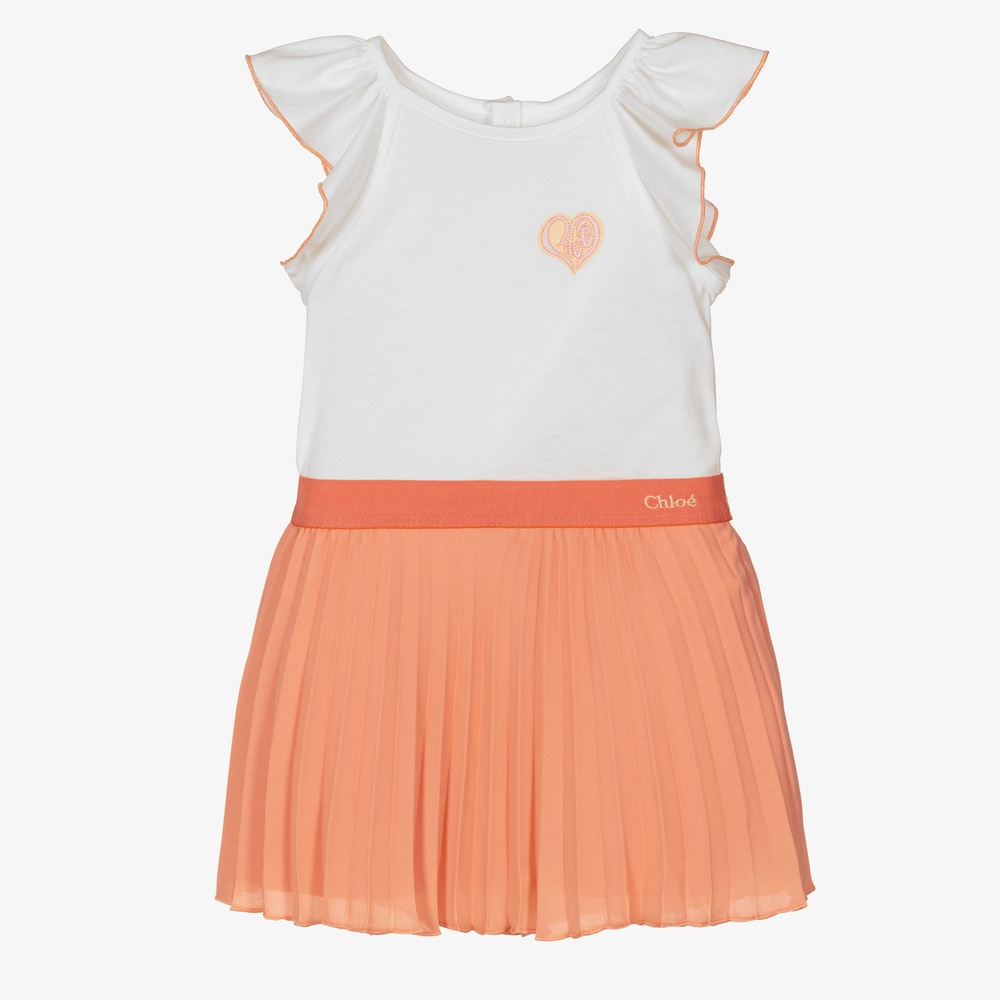 Chloé-طقم تنورة قطن وشيفون لون برتقالي وأبيض | Childrensalon Outlet