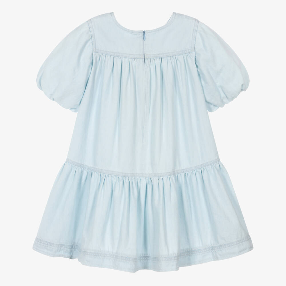 Chloé-Girls Pale Blue Denim Dress with Puffed Sleeves | Childrensalon Outlet