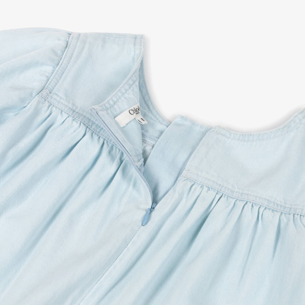 Chloé-Girls Pale Blue Denim Dress with Puffed Sleeves | Childrensalon Outlet