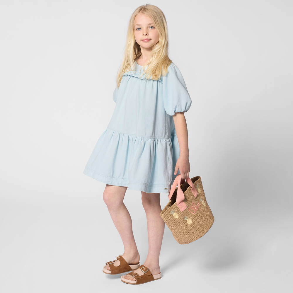 Chloé-Girls Pale Blue Denim Dress with Puffed Sleeves | Childrensalon Outlet