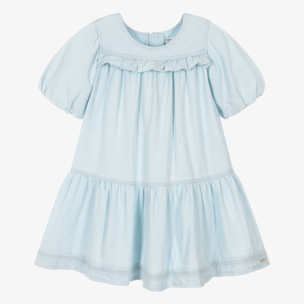 Chloé-Girls Pale Blue Denim Dress with Puffed Sleeves | Childrensalon Outlet