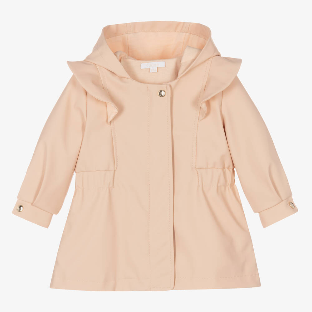 Chloé - Girls Pale Pink Hooded Ruffle Raincoat | Childrensalon