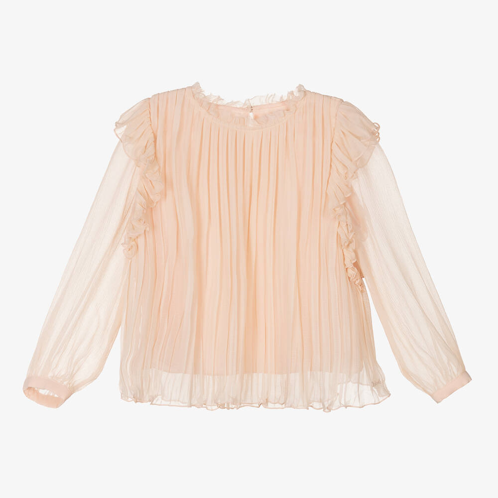 Chloé - Girls Pale Pink Pleated Silk Blouse | Childrensalon