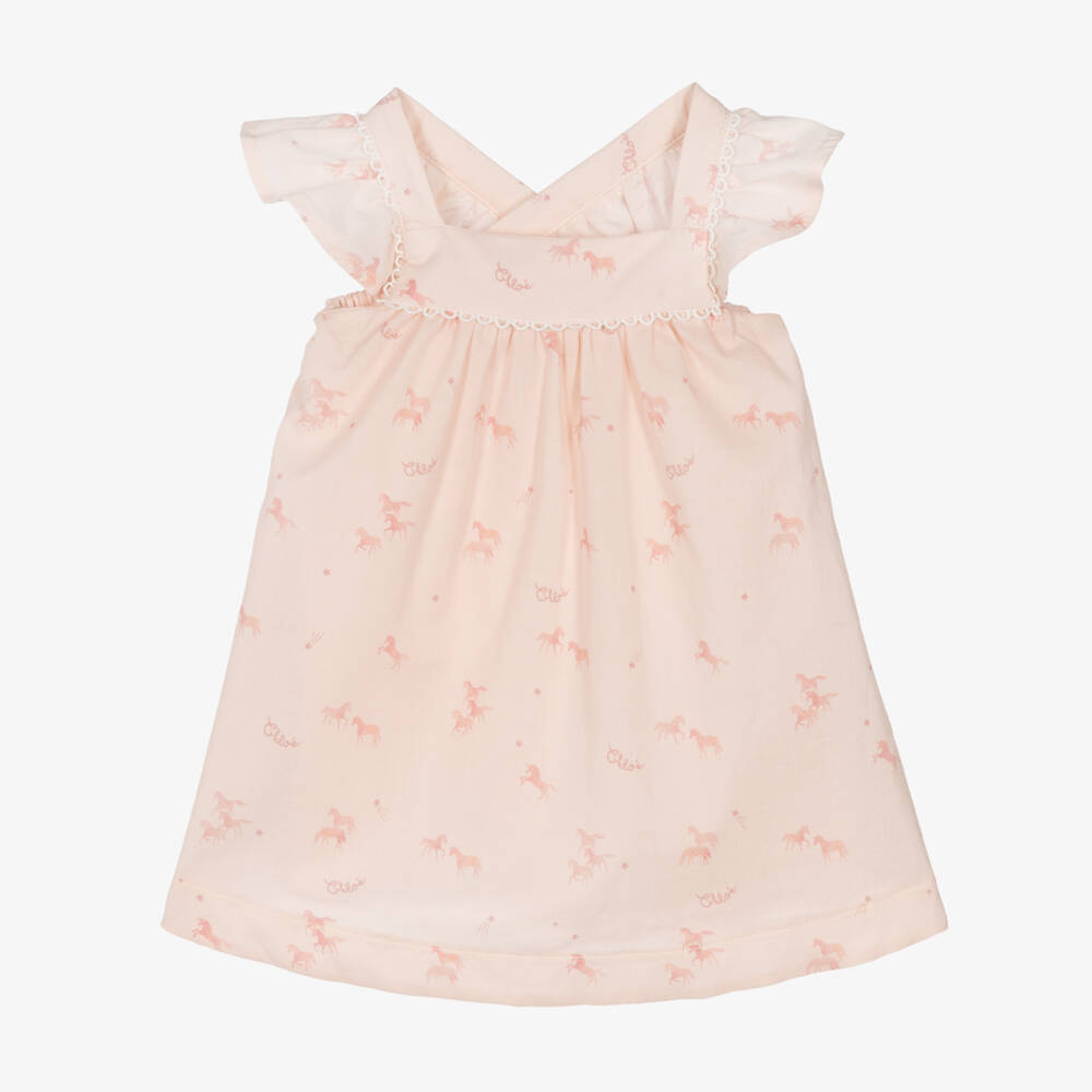 Chloé-Girls Pale Pink Ruffled Cotton Dress | Childrensalon Outlet