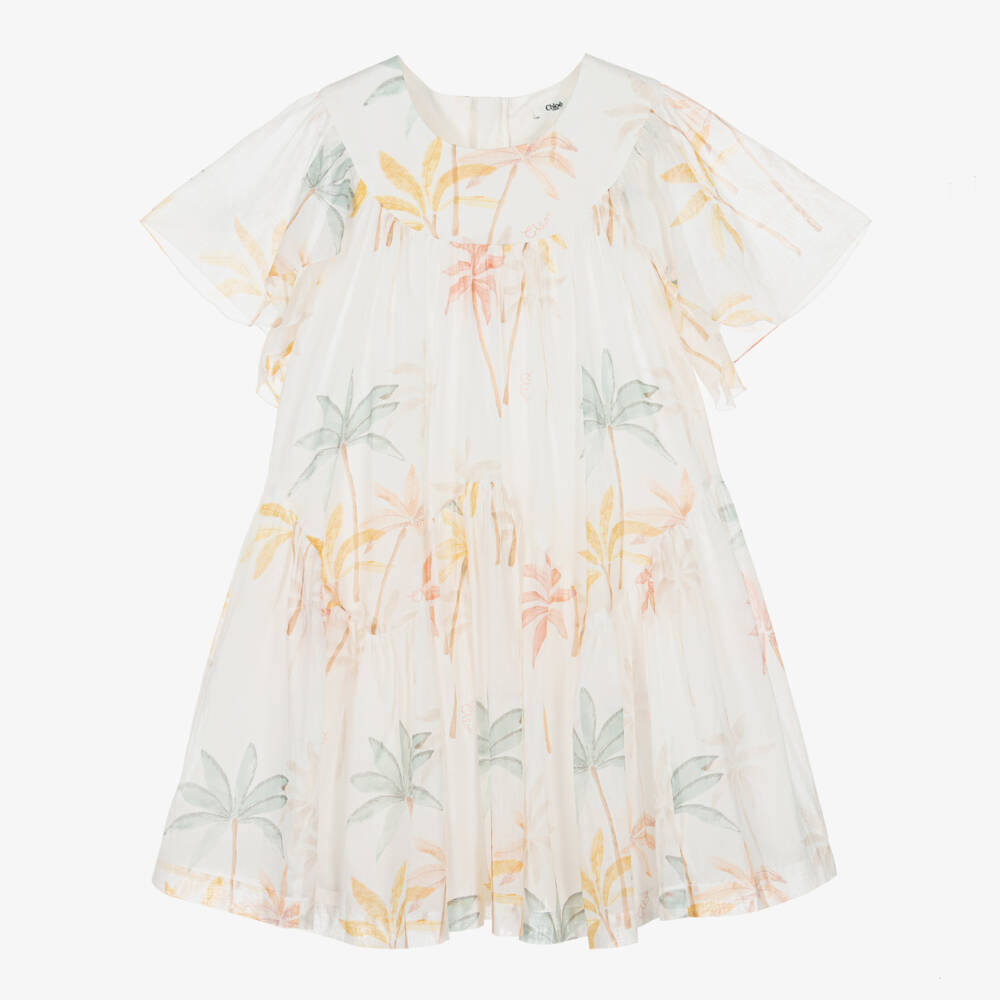 Chloé-فستان قطن عاجي بنقشة النخيل للبنات | Childrensalon Outlet