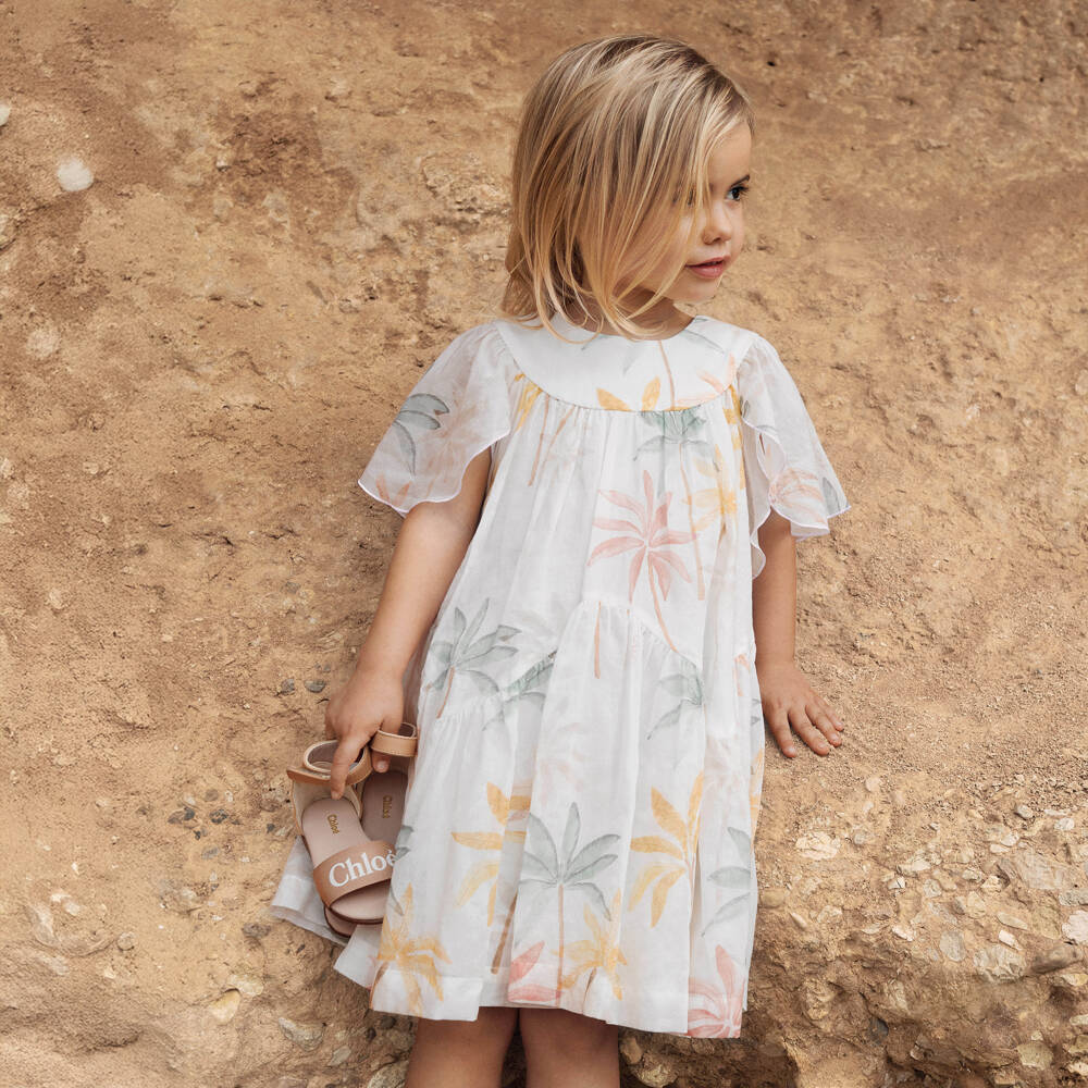 Chloé-Girls Palm-Patterned Ivory Cotton Dress | Childrensalon Outlet