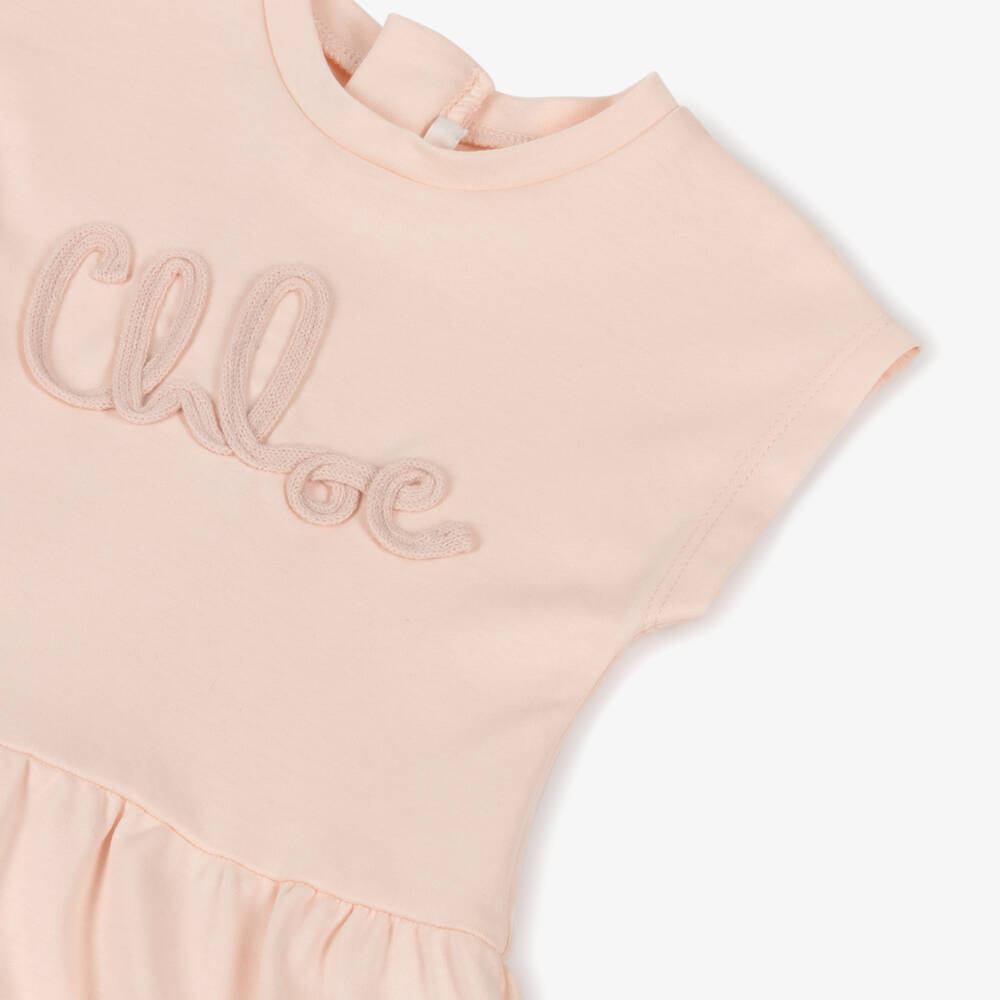 Chloé-Girls Peach Pink Cotton Jersey Dress with Logo | Childrensalon Outlet