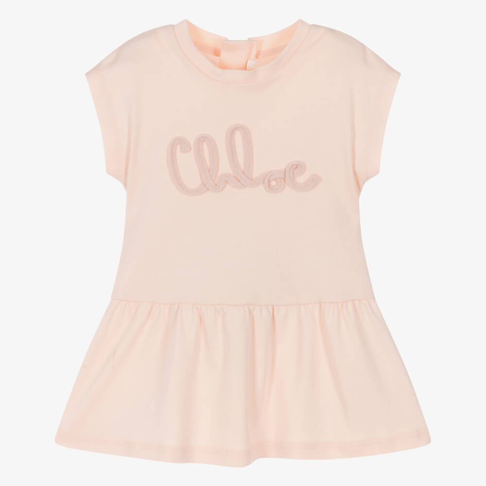 Chloé-Girls Peach Pink Cotton Jersey Dress with Logo | Childrensalon Outlet