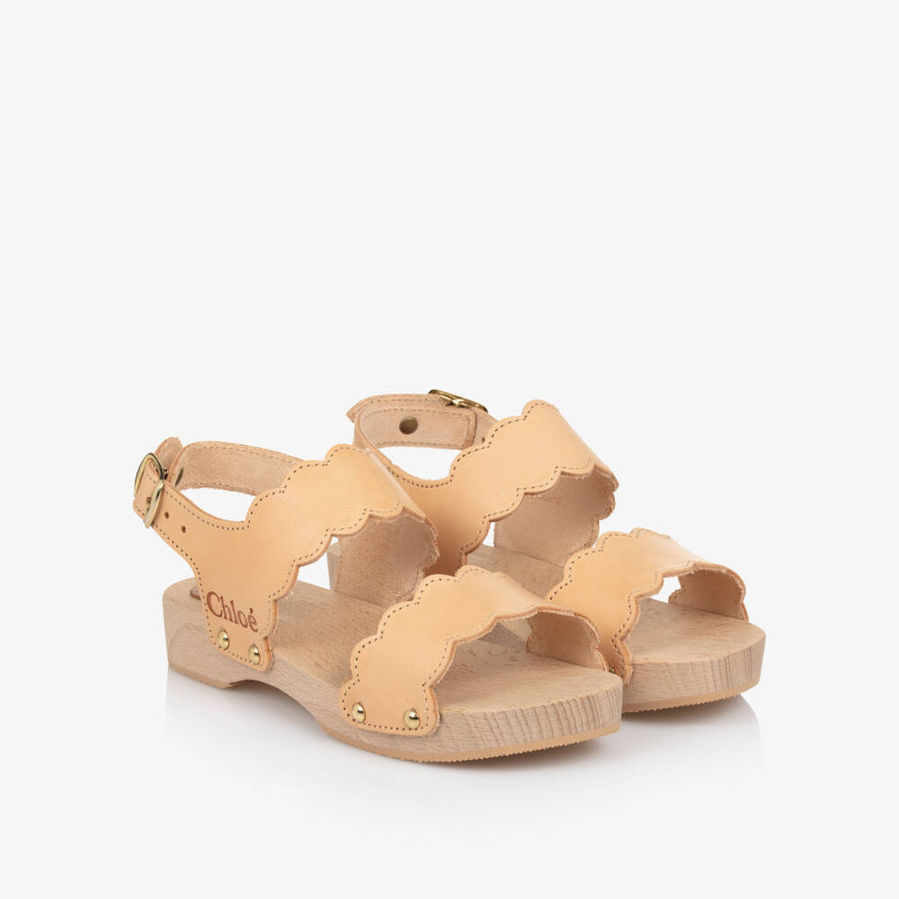 Chloé-Кожаные сабо с волнистым краем персиково-розовые для девочек | Childrensalon Outlet