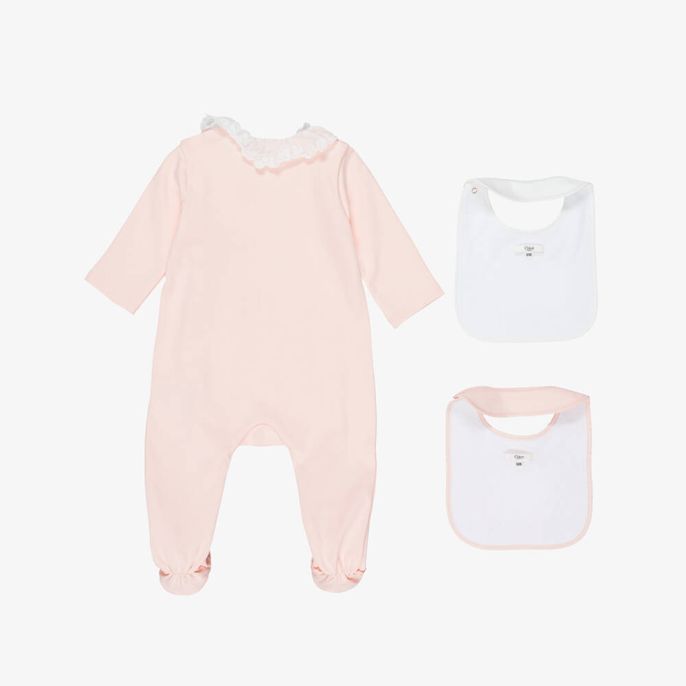 Chloé-Girls Pink Cotton Babygrow & Bib Set | Childrensalon Outlet