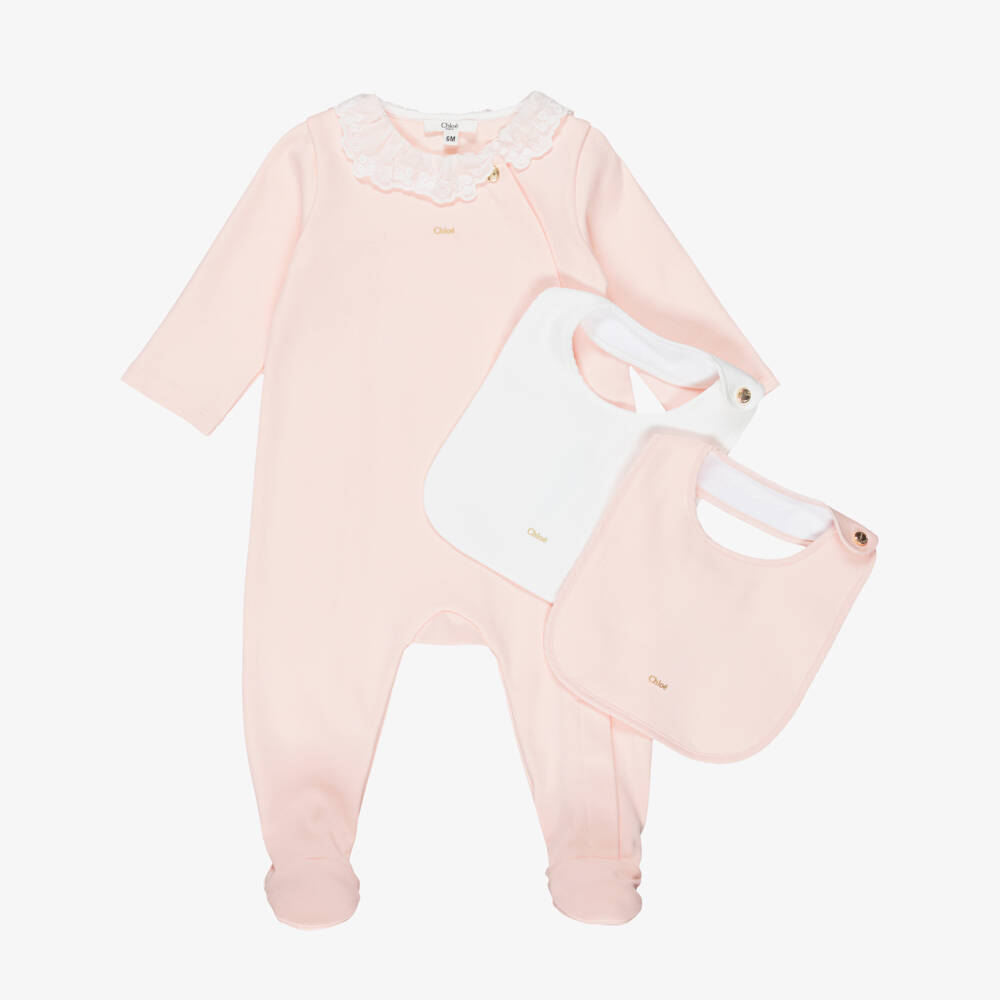 Chloé-Girls Pink Cotton Babygrow & Bib Set | Childrensalon Outlet