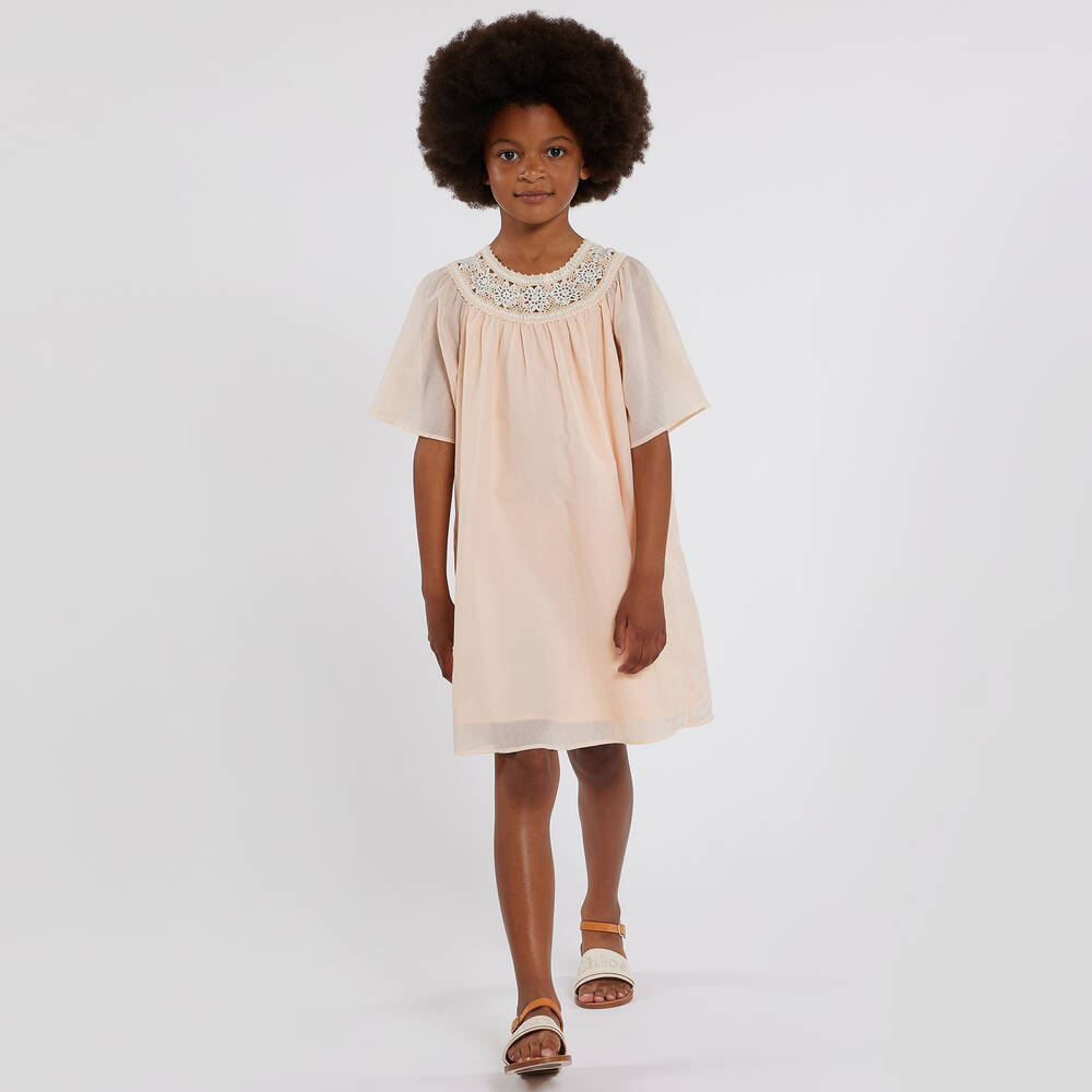Chloé-فستان قطن فوال وكروشيه لون زهري | Childrensalon Outlet