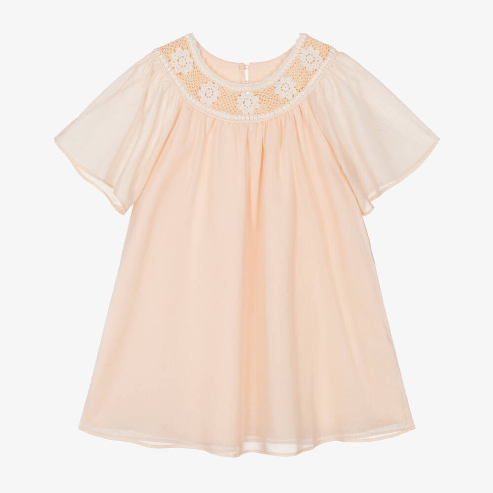 Chloé-Girls Pink Cotton Voile & Crochet Dress | Childrensalon Outlet