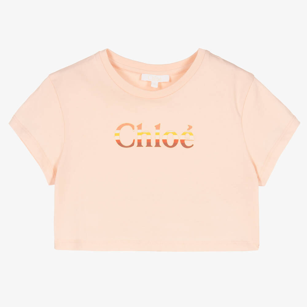 Chloé - Girls Pink Cropped Cotton Logo T-Shirt | Childrensalon