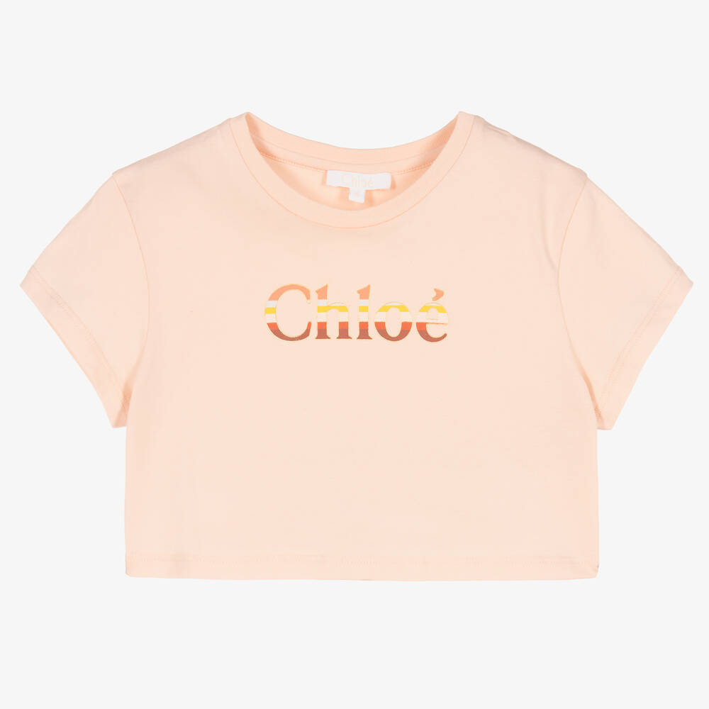 Chloé-Girls Pink Cropped Cotton Logo T-Shirt | Childrensalon Outlet