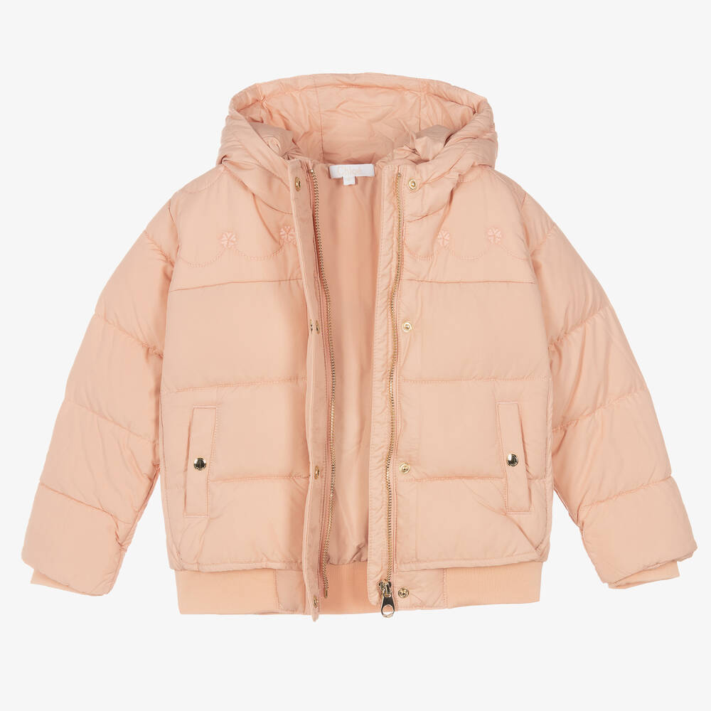 PINK HOODED PUFFER COAT WITH EMBROIDERY, BABY PINK HOODED PUFFER COAT WITH EMBROIDERY, BABY