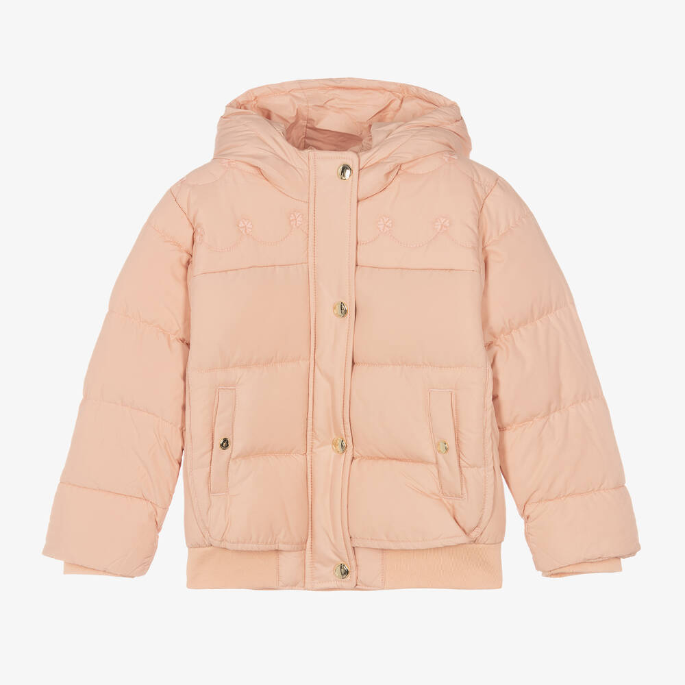 Chloé-Girls Pink Embroidered Puffer Jacket | Childrensalon Outlet