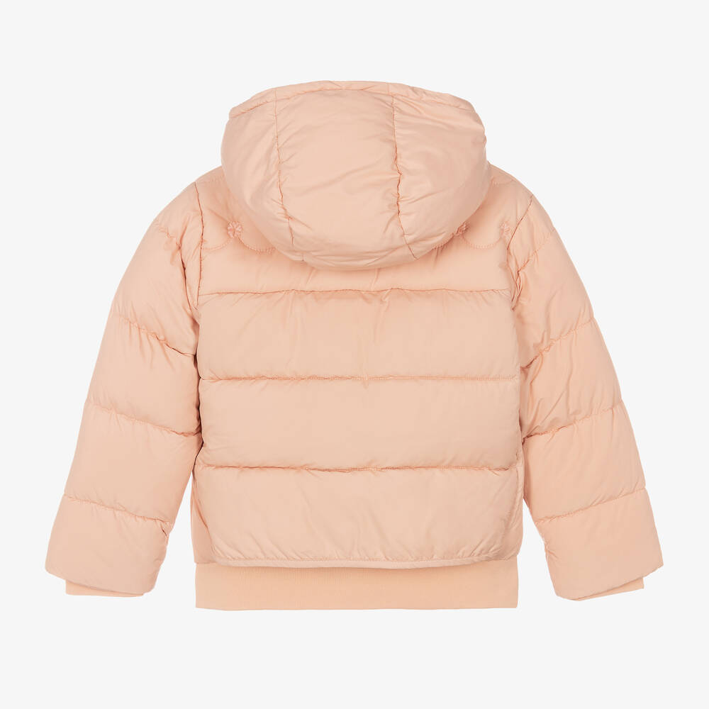 PINK HOODED PUFFER COAT WITH EMBROIDERY, BABY PINK HOODED PUFFER COAT WITH EMBROIDERY, BABY