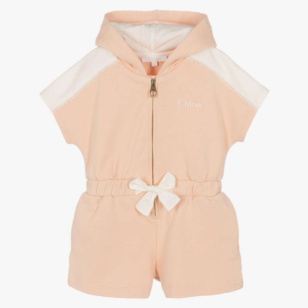 Chloé - Girls Pink Hooded Cotton Playsuit | Childrensalon