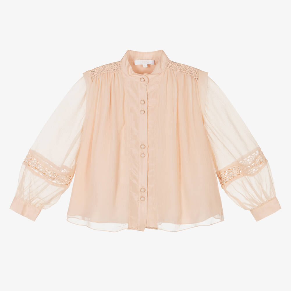 Chloé - Розовая шелковая блузка с кружевом для девочек | Childrensalon