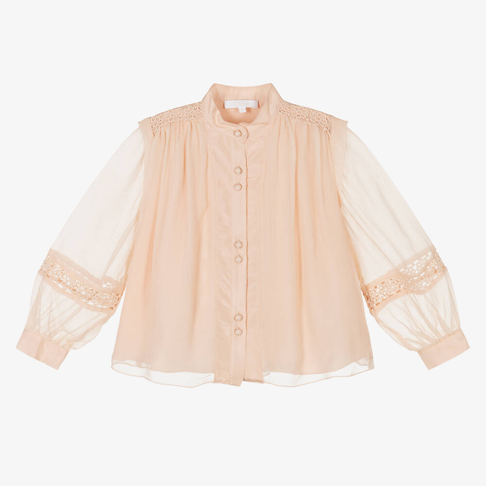 Chloé - Chemisier rose soie dentelle Fille | Childrensalon