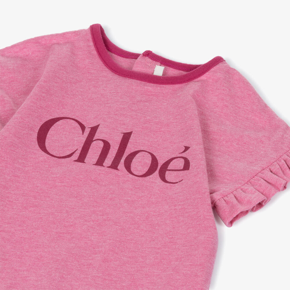 Chloé-Girls Pink Marl Cotton Jersey Dress with Ruffled Sleeves | Childrensalon Outlet