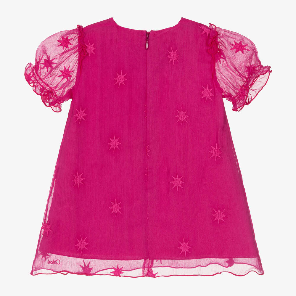 Chloé-فستان بطبعة نجوم حرير لون زهري فيوشيا | Childrensalon Outlet