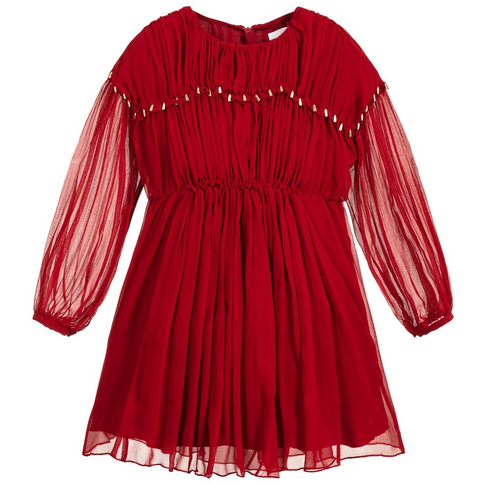 Chloé - فستان حرير شيفون لون أحمر | Childrensalon