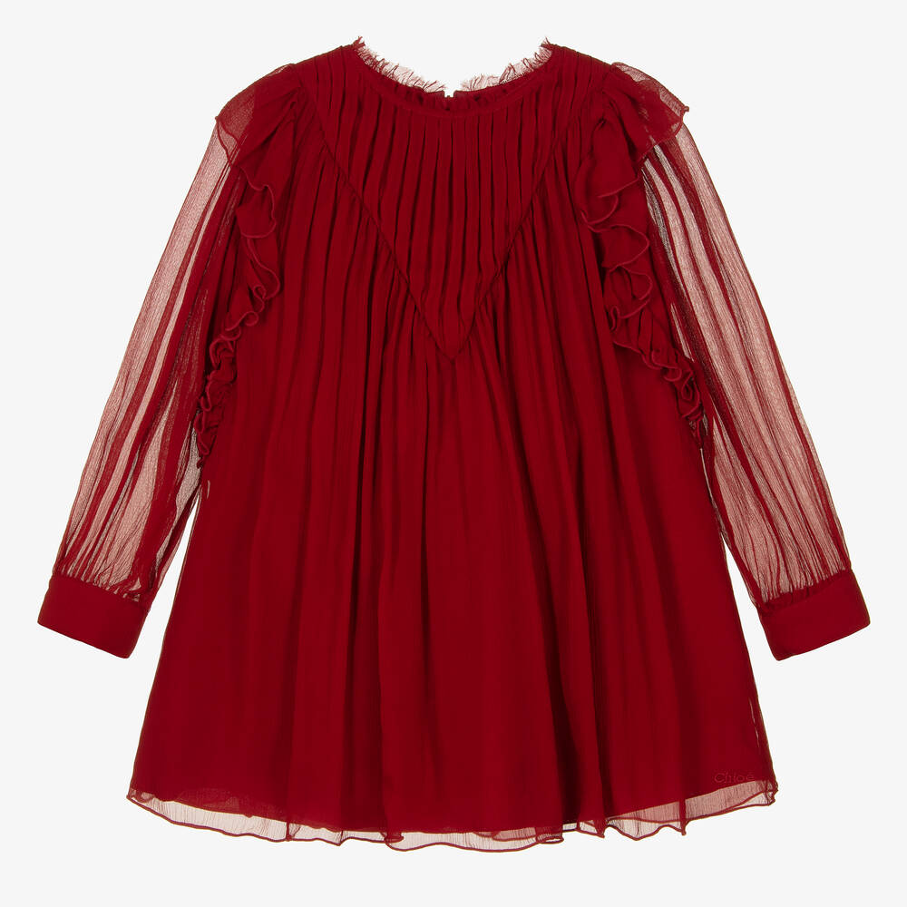 Chloé - Girls Red Silk Ruffle Dress | Childrensalon
