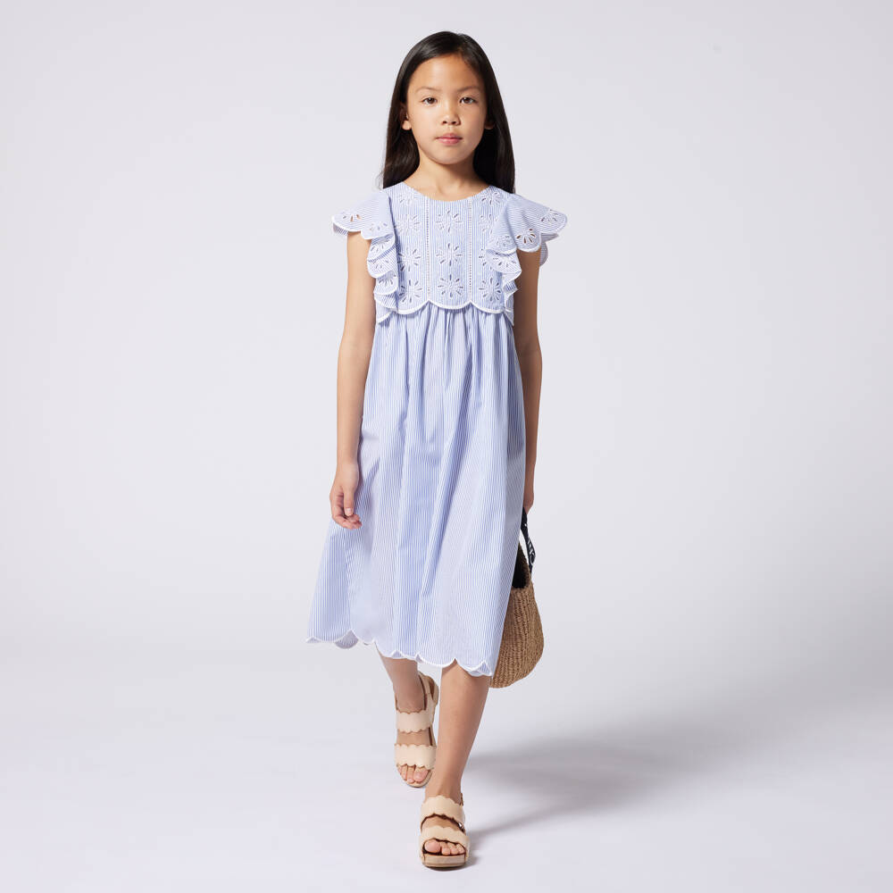 Chloé-فستان بوبلين أزرق مزين بكشكش للبنات | Childrensalon Outlet