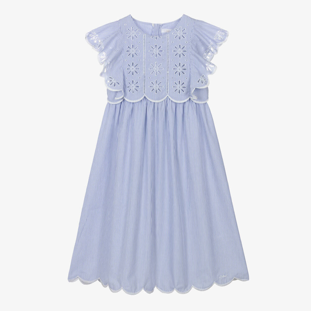 Chloé-فستان بوبلين أزرق مزين بكشكش للبنات | Childrensalon Outlet