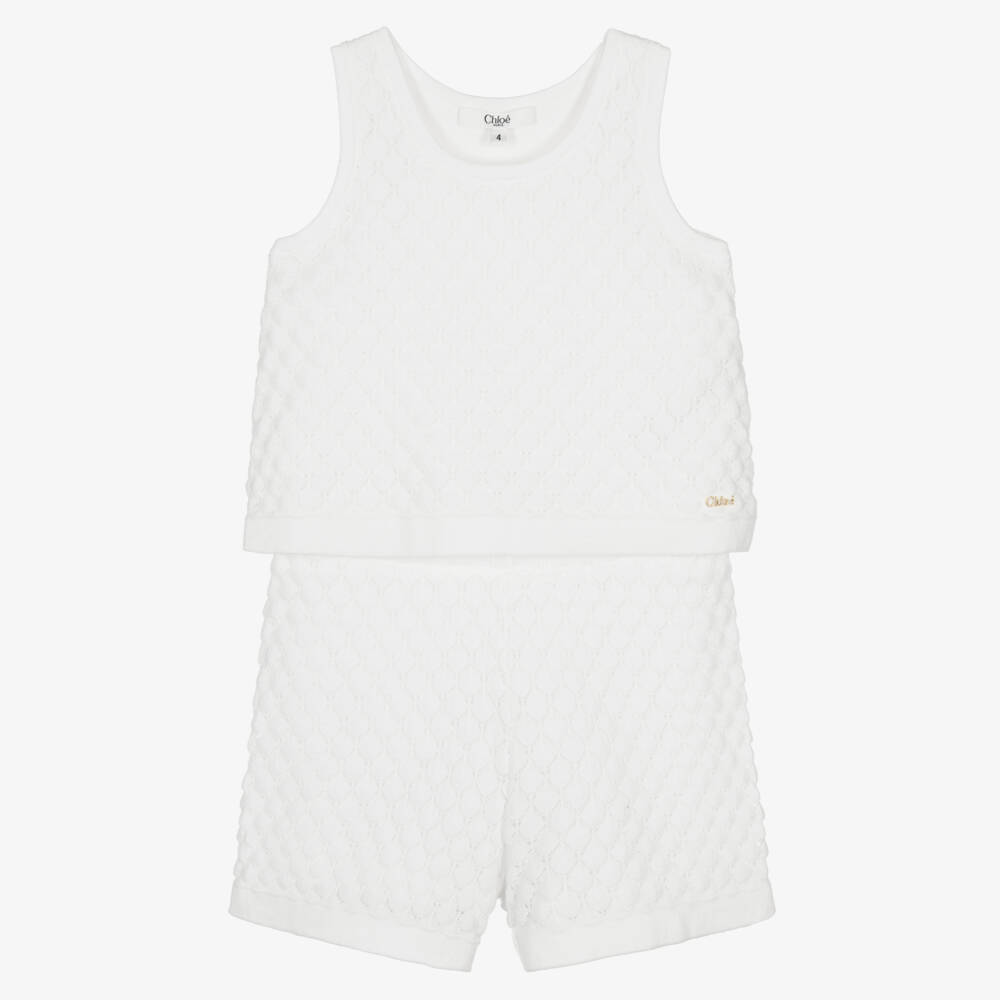 Chloé-Белый вязаный комплект с волнистым краем для девочек | Childrensalon Outlet