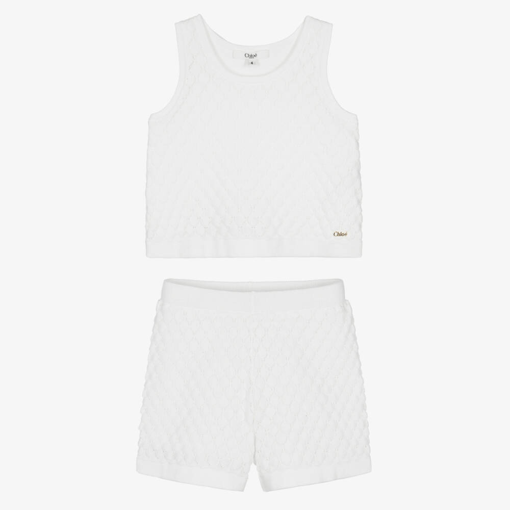 Chloé-Girls Scalloped White Knit Ensemble | Childrensalon Outlet