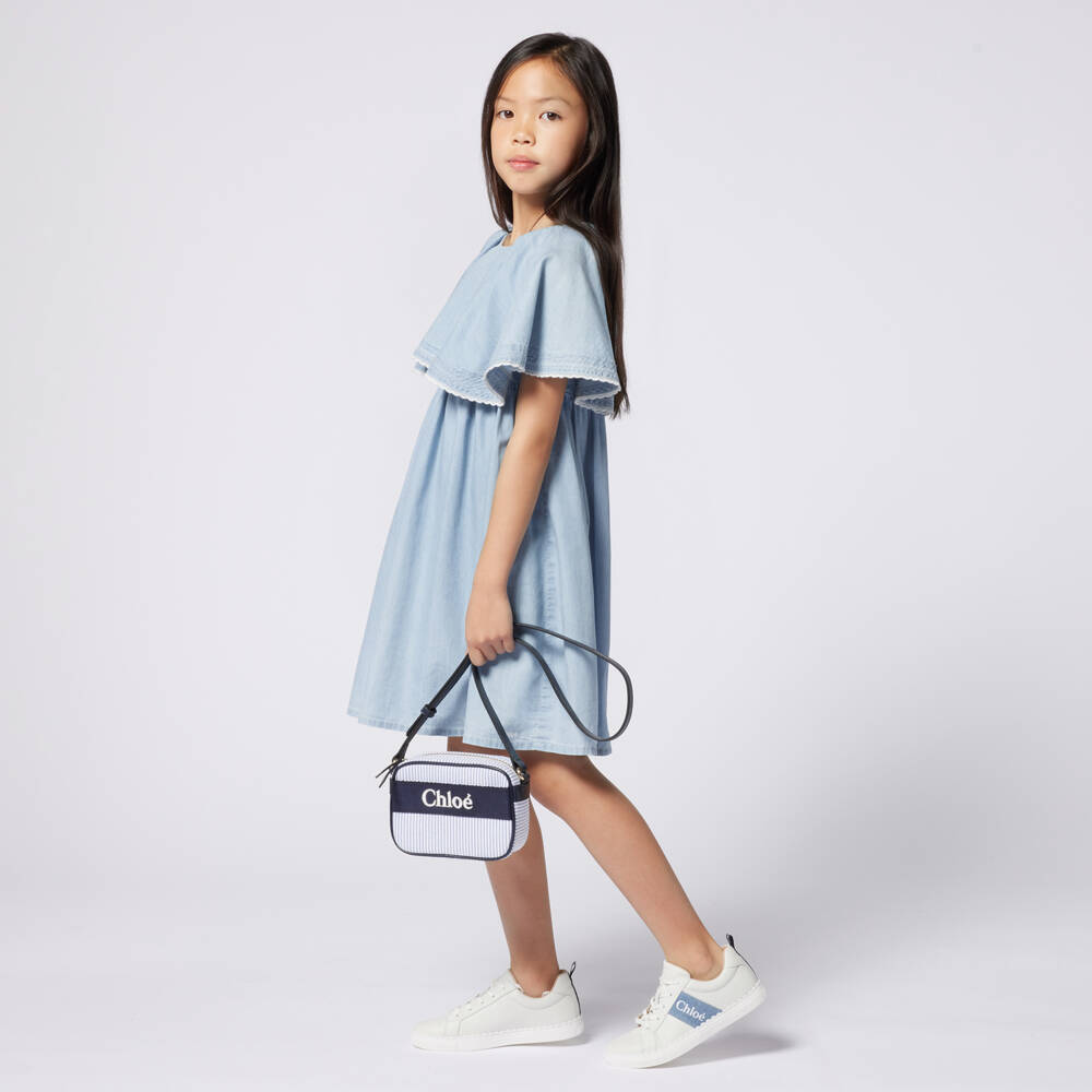 Chloé-Платье из голубого шамбре с воланами для девочек | Childrensalon Outlet