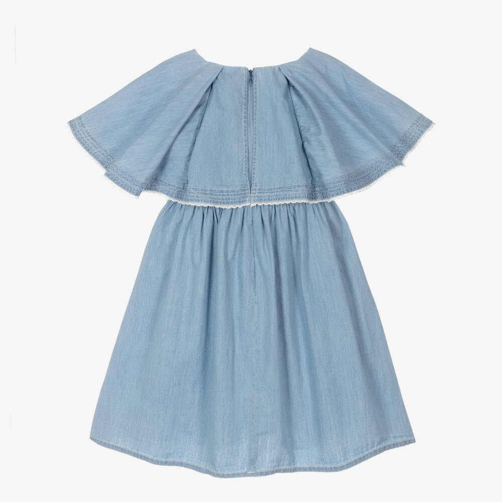 Chloé-Платье из голубого шамбре с воланами для девочек | Childrensalon Outlet