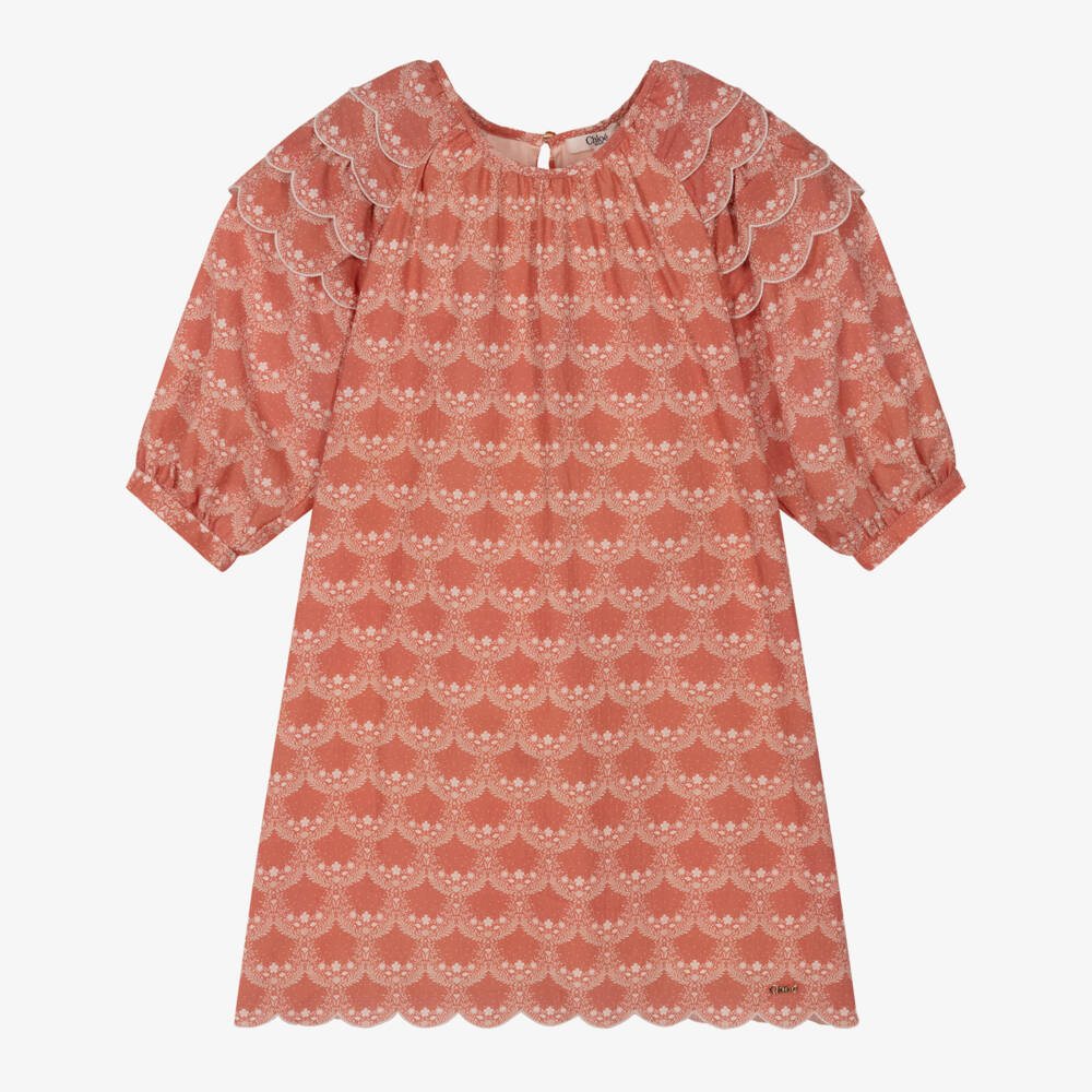 Chloé-Girls Terracotta Pink Cotton Floral Print Dress | Childrensalon Outlet