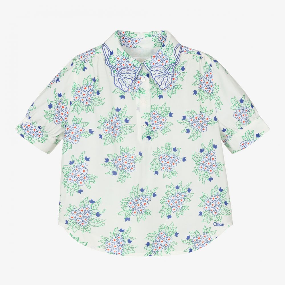 Chloé - Girls White & Blue Silk Blouse | Childrensalon