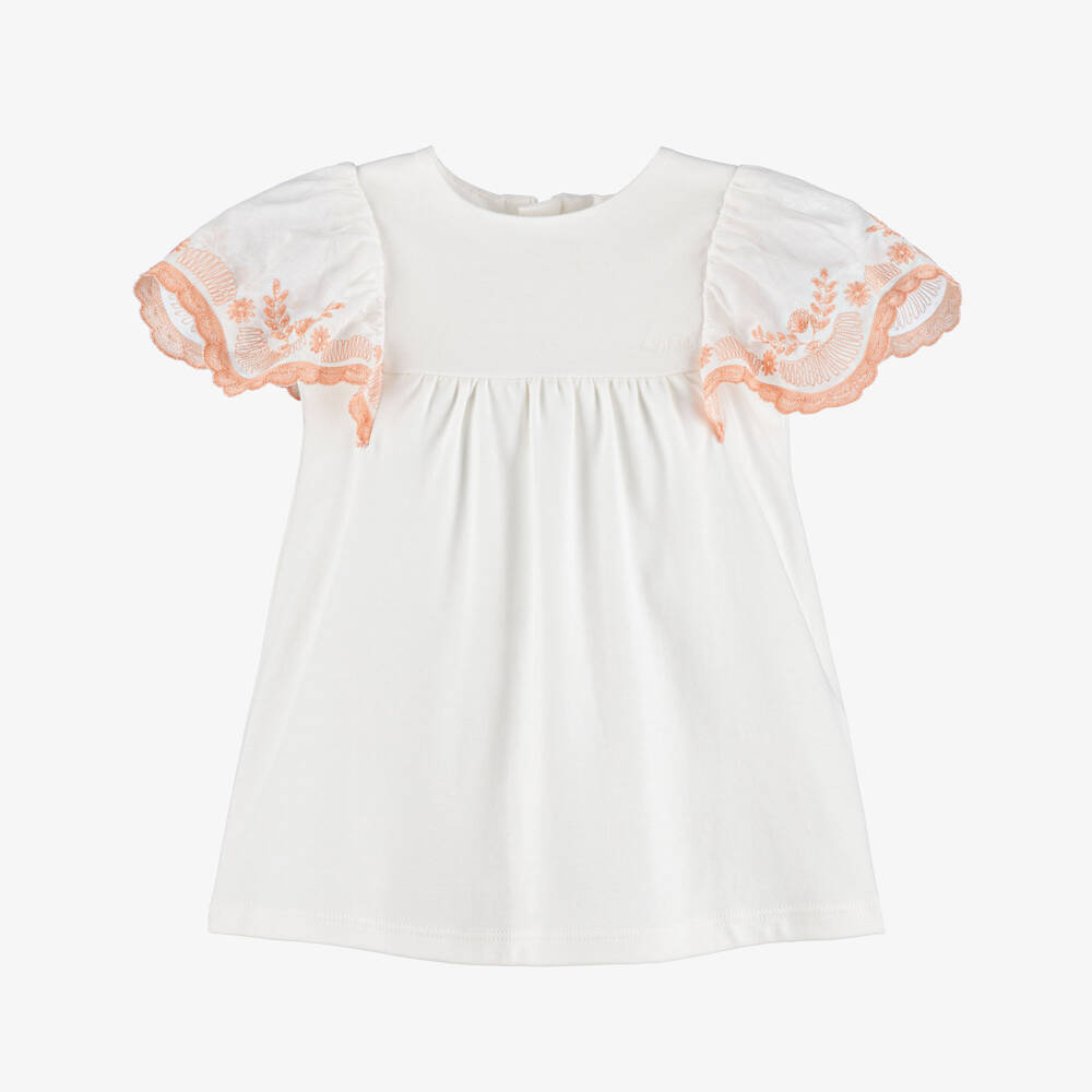 Chloé-Girls White Cotton Dress with Ruffle Sleeves | Childrensalon Outlet