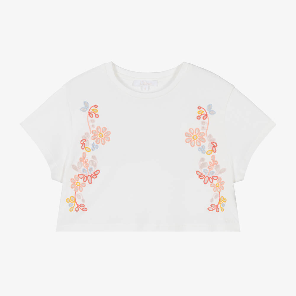 Chloé - Girls White Cotton Floral T-Shirt | Childrensalon