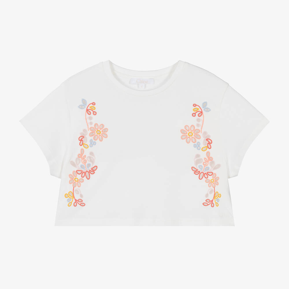 Chloé - Weißes Baumwoll-T-Shirt mit Blumen | Childrensalon