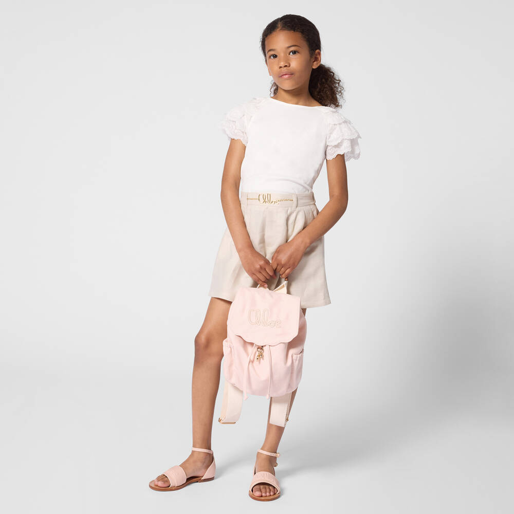 Chloé-Girls White Cotton Jersey T-Shirt with Embroidered Sleeves | Childrensalon Outlet
