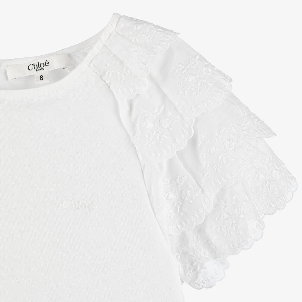 Chloé-Girls White Cotton Jersey T-Shirt with Embroidered Sleeves | Childrensalon Outlet